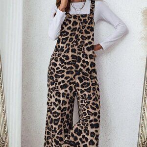Khaki Casual Women's Leopard Print Pocket Loose Jumpsuit